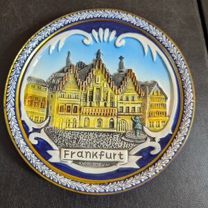 Frankfurt Cityscape Ceramic Plate with Blue and Yellow Hues